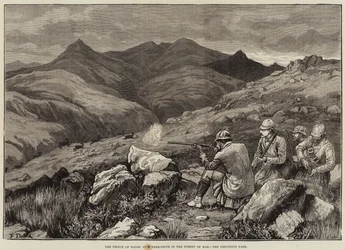 De Prins van Wales bij een hertenjacht in het bos van Mar